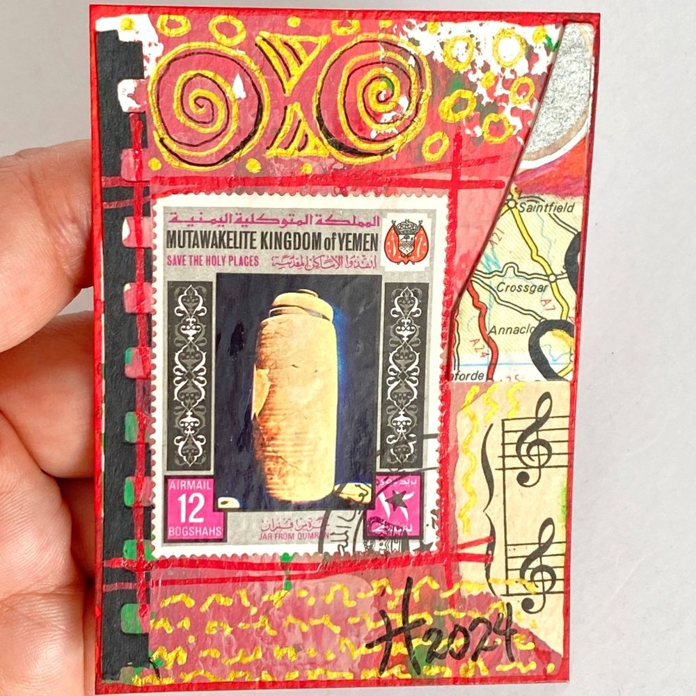 ACEO Original Collage Painting Vintage 60’s International Postage Stamp Art ATC